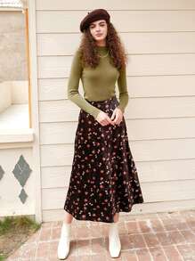 Ditsy Floral Velvet Skirt - Black - View 1
