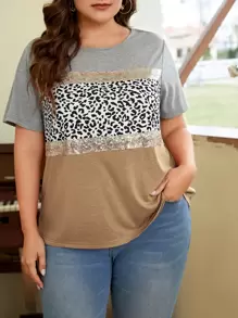 SHEIN LUNE Plus Leopard Print Colorblock Contrast Sequin Tee - Multicolor - View 1