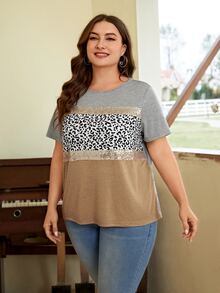 SHEIN LUNE Plus Leopard Print Colorblock Contrast Sequin Tee - Multicolor - View 3
