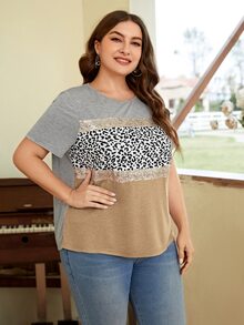 SHEIN LUNE Plus Leopard Print Colorblock Contrast Sequin Tee - Multicolor - View 5