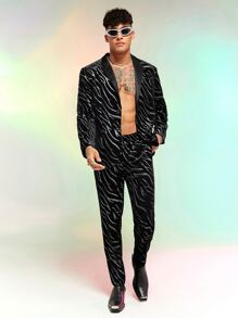 Manfinity RebelGame Men Zebra Striped Print Lapel Neck Velvet Blazer - Black - View 7