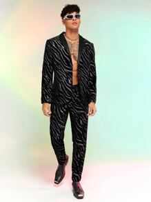 Manfinity RebelGame Men Zebra Striped Print Lapel Neck Velvet Blazer - Black - View 6