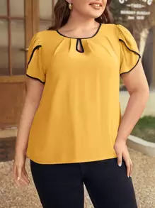 SHEIN Clasi 大碼撞色滾邊花瓣袖鎖眼領口襯衫 - 黃色 - 查看 1