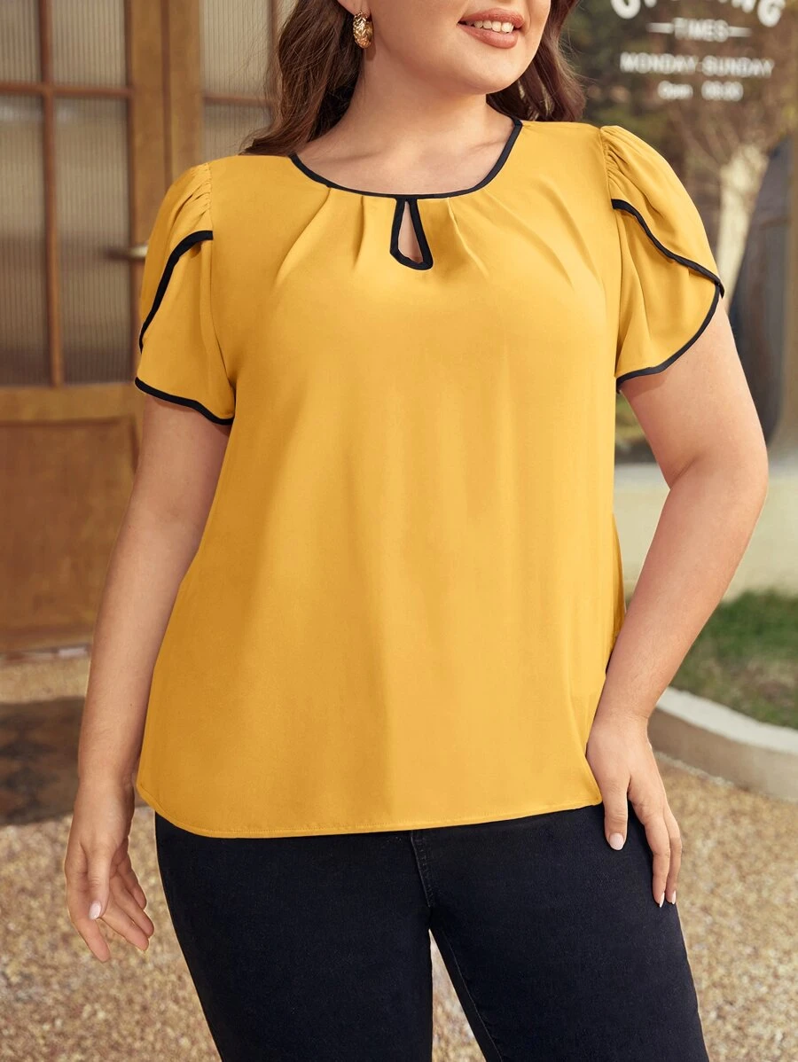 SHEIN Clasi 大碼撞色滾邊花瓣袖鎖眼領口襯衫 - 黃色 - 查看 1