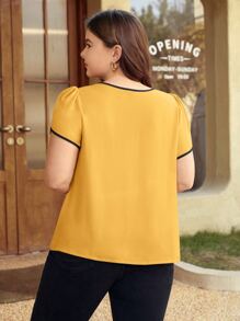 SHEIN Clasi 大碼撞色滾邊花瓣袖鎖眼領口襯衫 - 黃色 - 查看 2