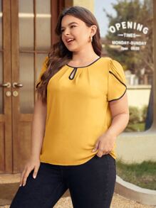 SHEIN Clasi 大碼撞色滾邊花瓣袖鎖眼領口襯衫 - 黃色 - 查看 4