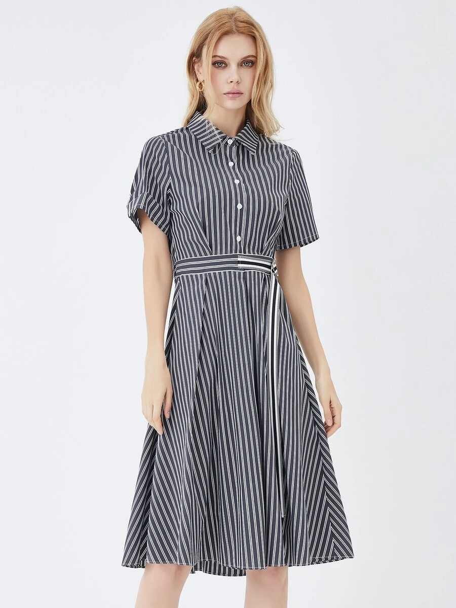 JAZZEVAR Striped Print Half Button Placket Shirt Dress - Multicolor - View 1