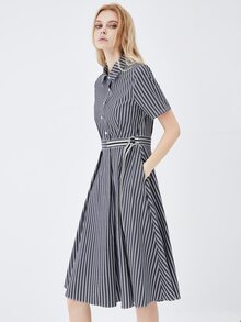 JAZZEVAR Striped Print Half Button Placket Shirt Dress - Multicolor - View 4