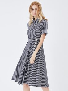 JAZZEVAR Striped Print Half Button Placket Shirt Dress - Multicolor - View 5