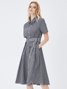 JAZZEVAR Striped Print Half Button Placket Shirt Dress - Multicolor - View 6