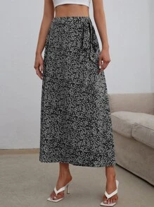 SHEIN VCAY Váy nữ Thắt nút Trọn gói Họa tiết hoa Boho - màu đen - Xem 3