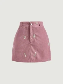 SHEIN MOD 花卉刺繡燈芯絨半身裙 - 藕粉色 - 查看 1