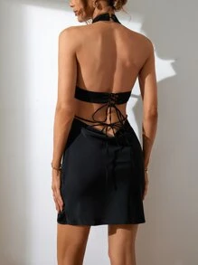 GENKIRA Đầm Lộ Lưng Buộc lại màu trơn Gợi cảm - màu đen - Xem 2