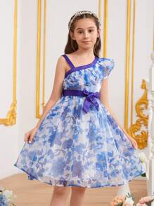 SHEIN Đầm Gái Bất đối xứng Thắt lưng Xù Hoa Tất cả trên in Boho - Xanh và trắng - Xem 1