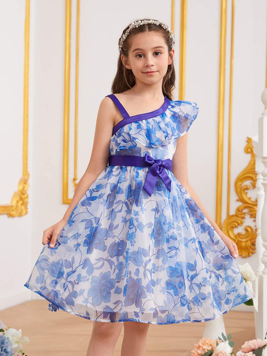 SHEIN Đầm Gái Bất đối xứng Thắt lưng Xù Hoa Tất cả trên in Boho - Xanh và trắng - Xem 1