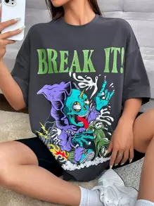 SHEIN EZwear 骷髏和字母圖案落肩T恤 - 深灰色 - 查看 1