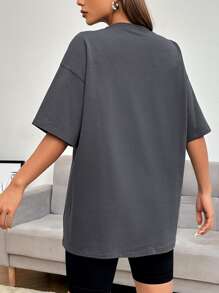 SHEIN EZwear 骷髏和字母圖案落肩T恤 - 深灰色 - 查看 2