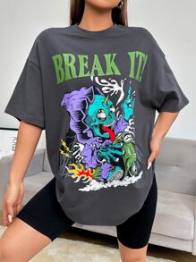 SHEIN EZwear 骷髏和字母圖案落肩T恤 - 深灰色 - 查看 3