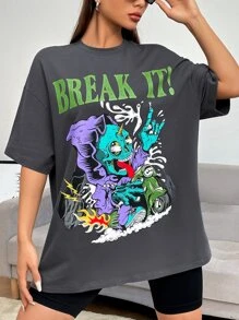 SHEIN EZwear 骷髏和字母圖案落肩T恤 - 深灰色 - 查看 4