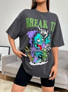 SHEIN EZwear 骷髏和字母圖案落肩T恤 - 深灰色 - 查看 5