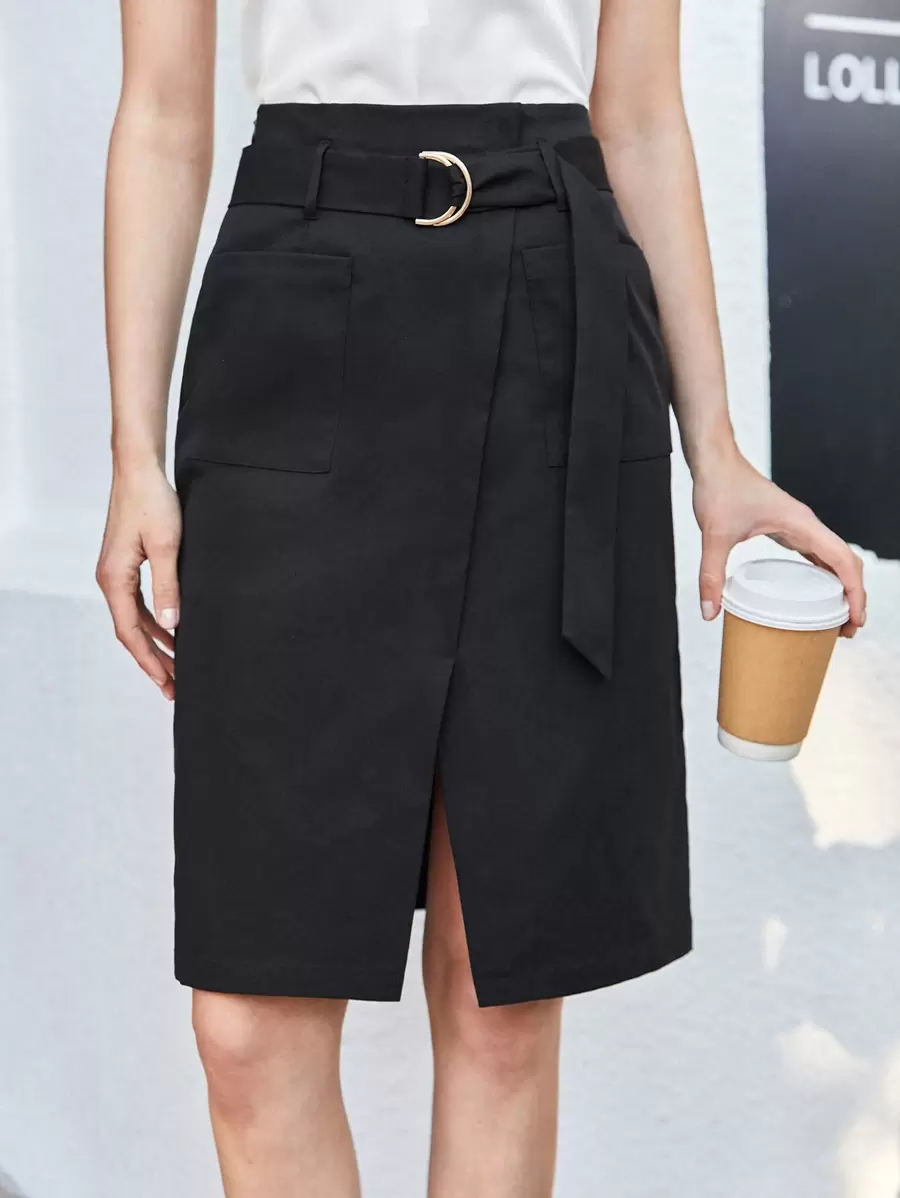 BizChic Váy công sở có túi kép xẻ gấu, thắt lưng - màu đen - Xem 1