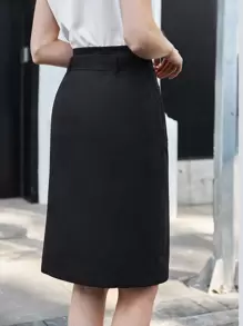 BizChic Váy công sở có túi kép xẻ gấu, thắt lưng - màu đen - Xem 3