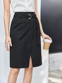 BizChic Váy công sở có túi kép xẻ gấu, thắt lưng - màu đen - Xem 6