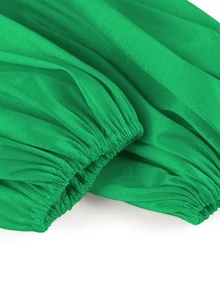 大碼燈籠袖荷葉邊下擺腰後背開衩連衣裙 - 綠色 - 查看 6