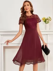 Vestido línea A con encaje en contraste - Burdeos - Ver 1