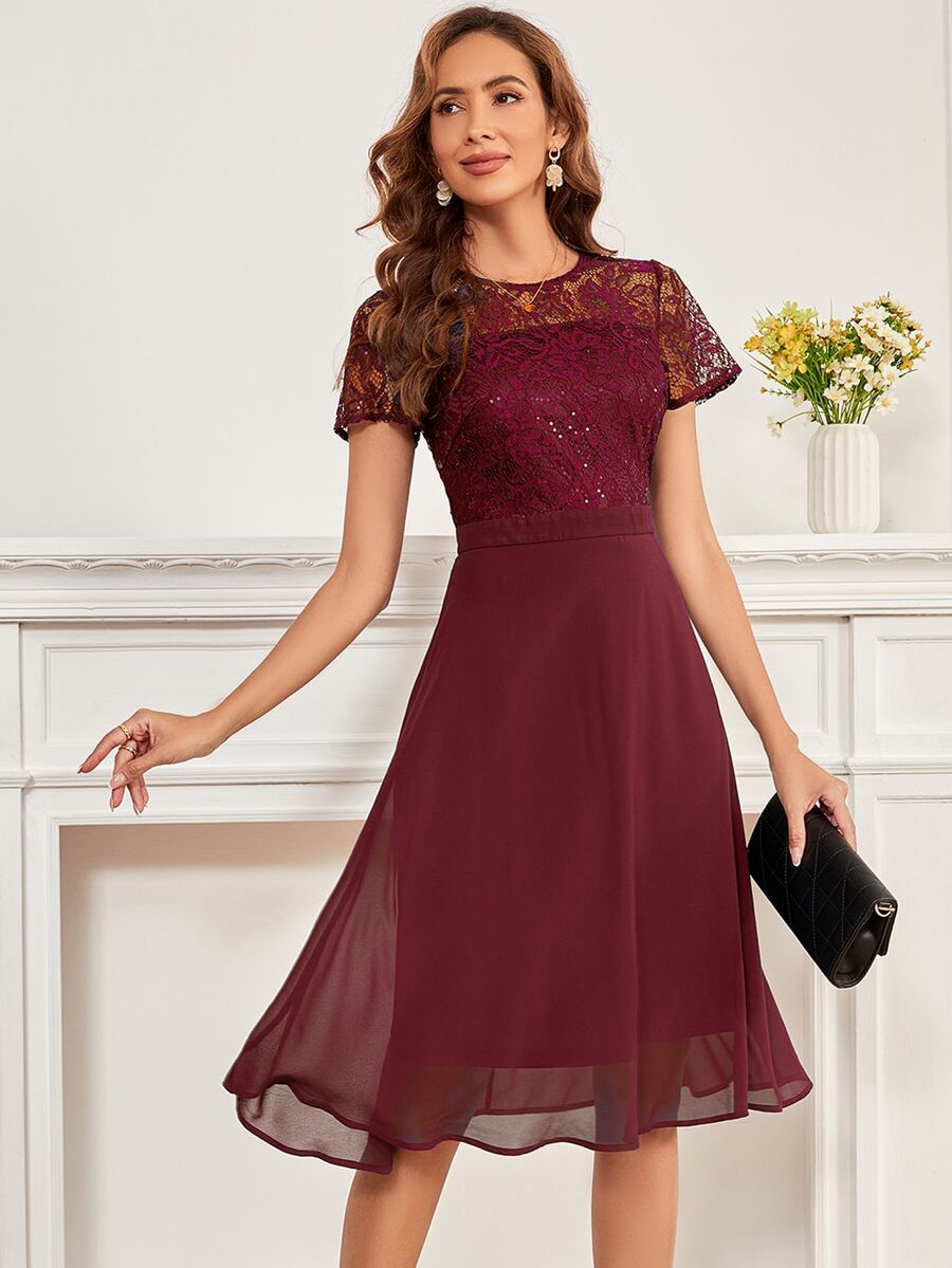 Vestido línea A con encaje en contraste - Burdeos - Ver 1