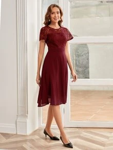 Vestido línea A con encaje en contraste - Burdeos - Ver 7