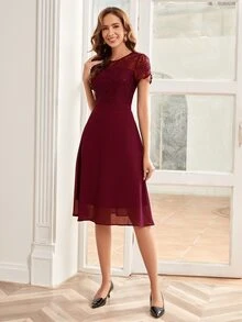 Vestido línea A con encaje en contraste - Burdeos - Ver 8