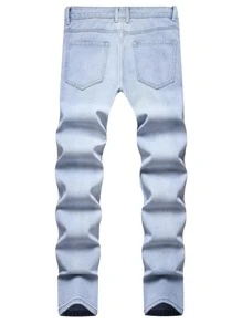 Men Letter Patched Ripped Frayed Jeans - Light Wash - View 2