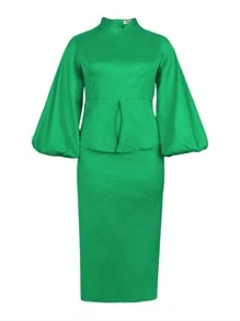 大碼燈籠袖荷葉邊下擺腰後背開衩連衣裙 - 綠色 - 查看 1