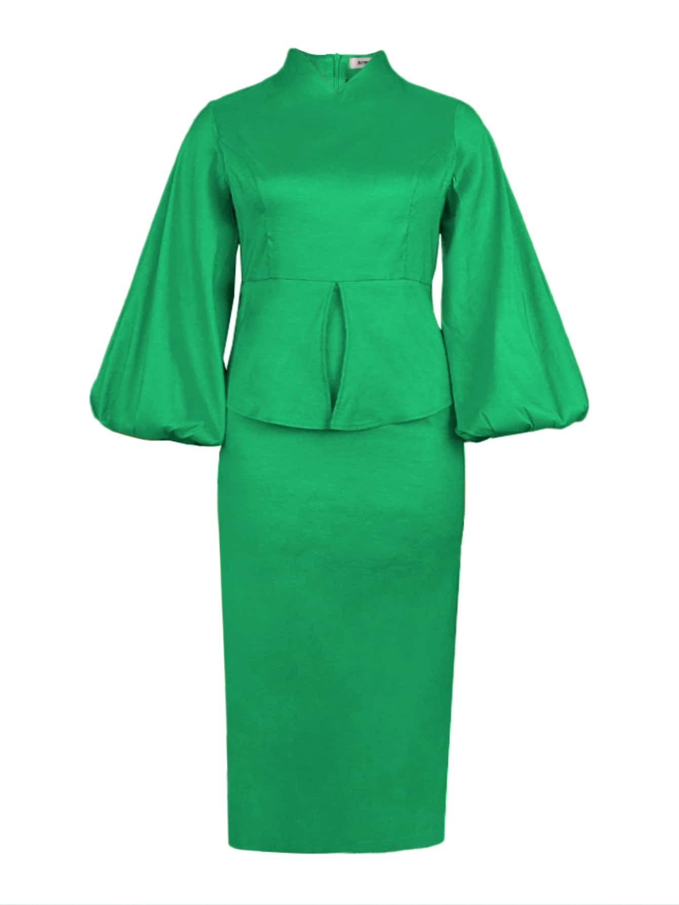 大碼燈籠袖荷葉邊下擺腰後背開衩連衣裙 - 綠色 - 查看 1