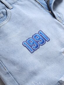 Men Letter Patched Ripped Frayed Jeans - Light Wash - View 7