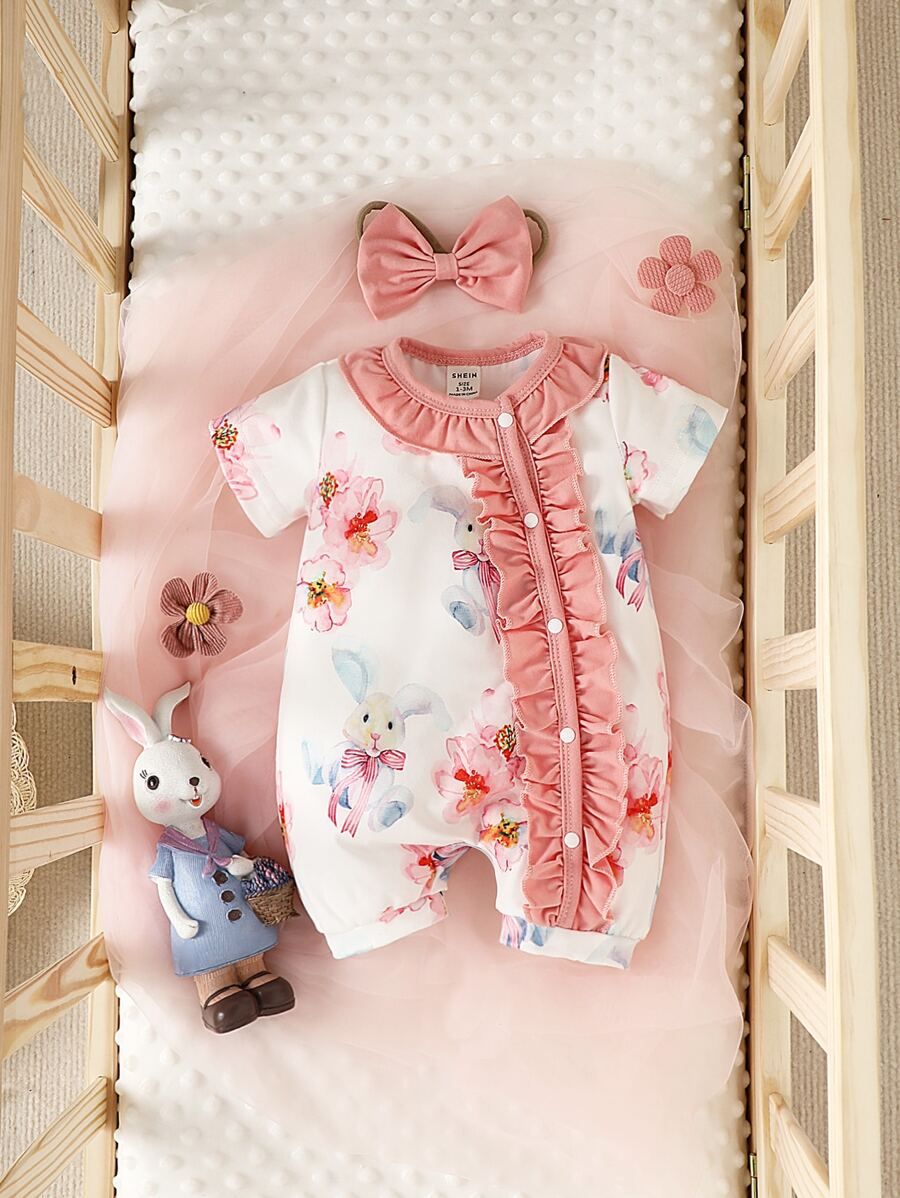 嬰兒印花荷葉邊連身短褲 - 白色 - 查看 1