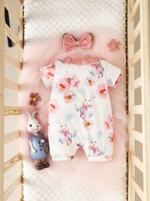 嬰兒印花荷葉邊連身短褲 - 白色 - 查看 2