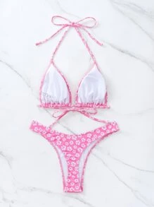 Swim Mod 小花圖案露背三角型夏日沙灘比基尼套裝 - 粉色 - 查看 3