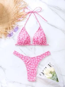 Swim Mod 小花圖案露背三角型夏日沙灘比基尼套裝 - 粉色 - 查看 5