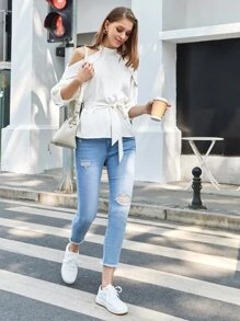 BizChic Cold Shoulder Belted Blouse - White - View 2