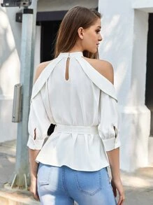 BizChic Cold Shoulder Belted Blouse - White - View 3