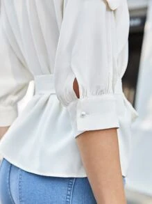 BizChic Cold Shoulder Belted Blouse - White - View 4