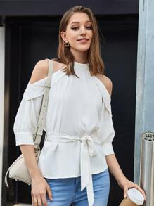 BizChic Cold Shoulder Belted Blouse - White - View 6