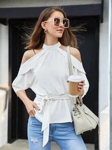 BizChic Cold Shoulder Belted Blouse - White - View 7