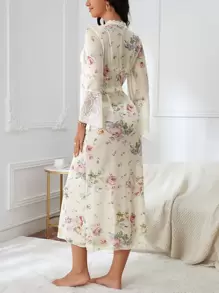 Bata de malla con estampado floral, mangas de trompeta con encaje de contraste y cinturón - Albaricoque - Ver 2