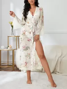 Bata de malla con estampado floral, mangas de trompeta con encaje de contraste y cinturón - Albaricoque - Ver 5