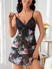 Floral Print Contrast Lace Bow Front Cami Pajama Nightdress Bow Tie - Black - View 4