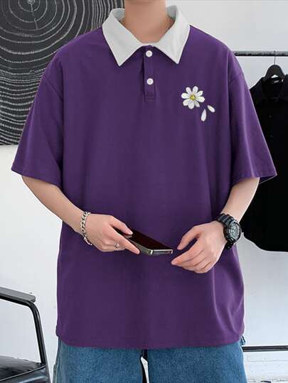 Guys Floral Print Contrast Collar Polo Shirt