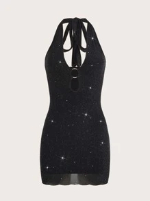 SHEIN ICON Cut Out Front Backless Glitter Bodycon Dress - Black - View 1